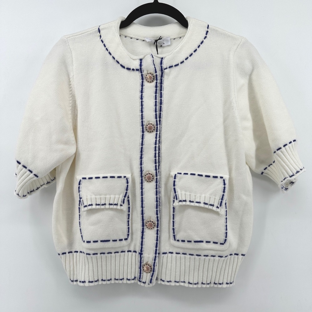 THML White Short Sleeve Cardigan Blue Whipstitch Button Front Sweater S NWT